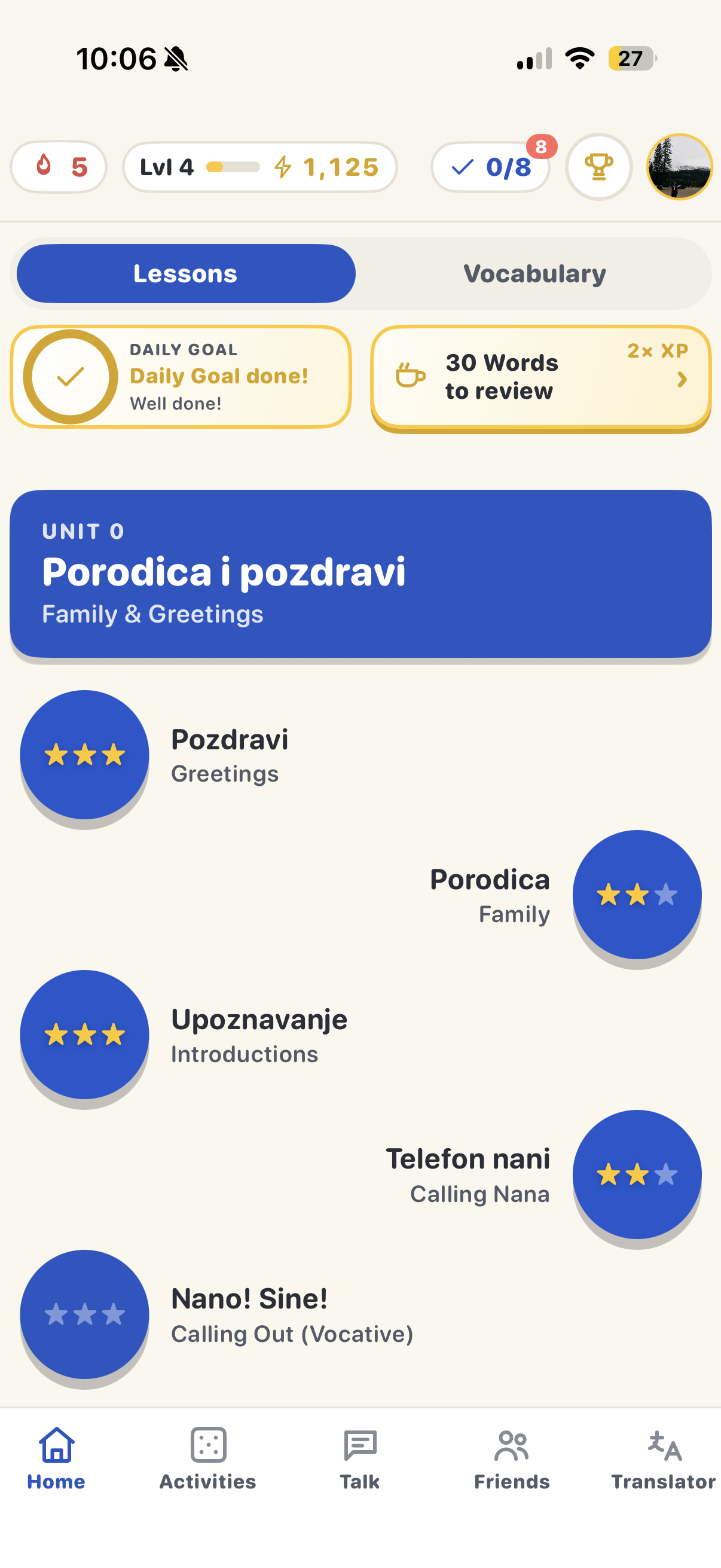 Bosnian lesson map with completed lessons and star crowns in the Bosanski app