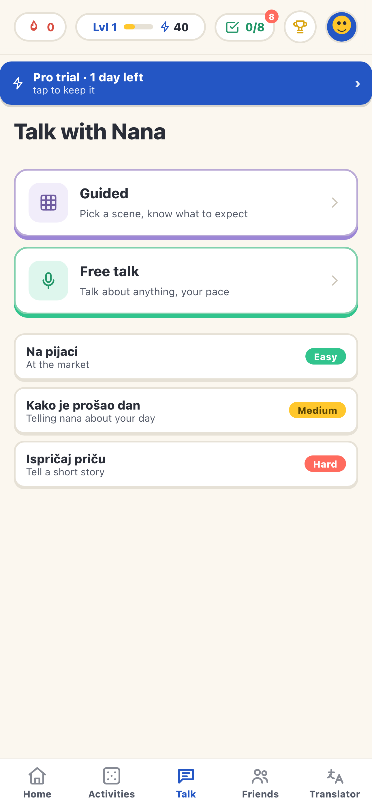 Practicing a Bosnian conversation with Nana in the Bosanski app